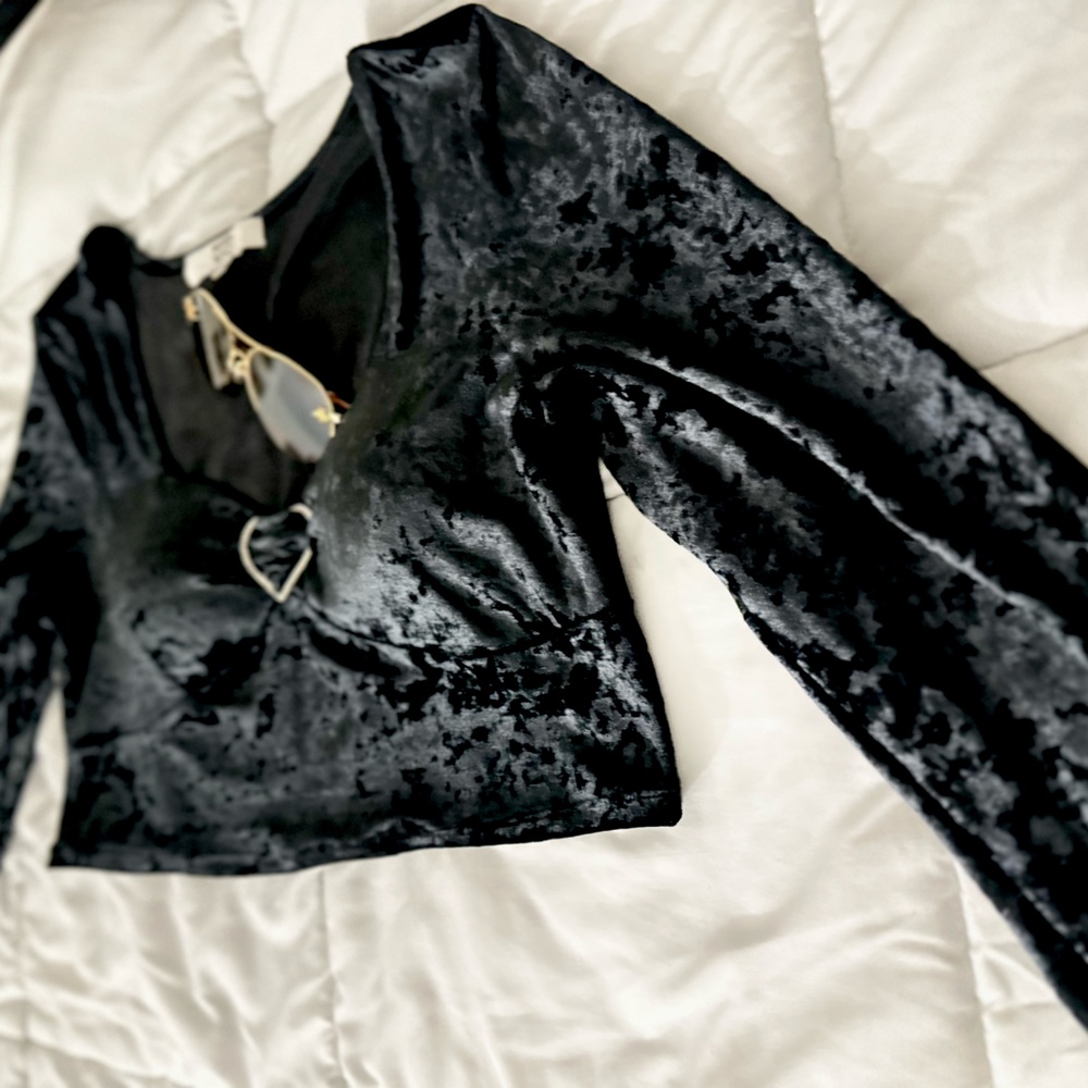 Chic, Jet Black, Crop Top, with Heart Shaped Queen Anne Neckline.